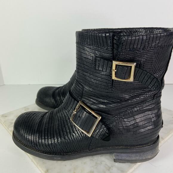 Jimmy Choo Black Biker Boots Moto Combat Buckle Croc Embossed 36.5 $1195 - Picture 4 of 13